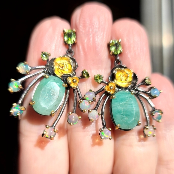 Large Emeral Opal & Peridot sterling & gold dramatic earrings - Picture 4 of 7